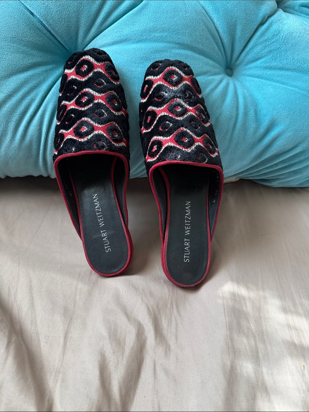 Stuart Weitzman Black and Red Embellished Velvet Slip-On Mules